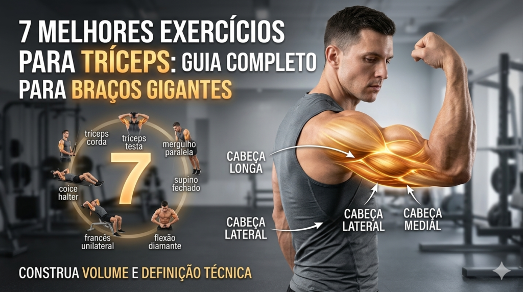 Capa de artigo de blog com título em português: "7 MELHORES EXERCÍCIOS PARA TRÍCEPS: GUIA COMPLETO PARA BRAÇOS GIGANTES". Apresenta um atleta de musculação focado, com sobreposição anatômica glowing do tríceps braquial e labels 'CABEÇA LONGA', 'CABEÇA LATERAL', 'CABEÇA MEDIAL' indicando as principais partes musculares em destaque, em um ambiente de academia moderno e desfocado. Um gráfico circular de '7' com pequenas ilustrações dos exercícios ao redor completa a composição.