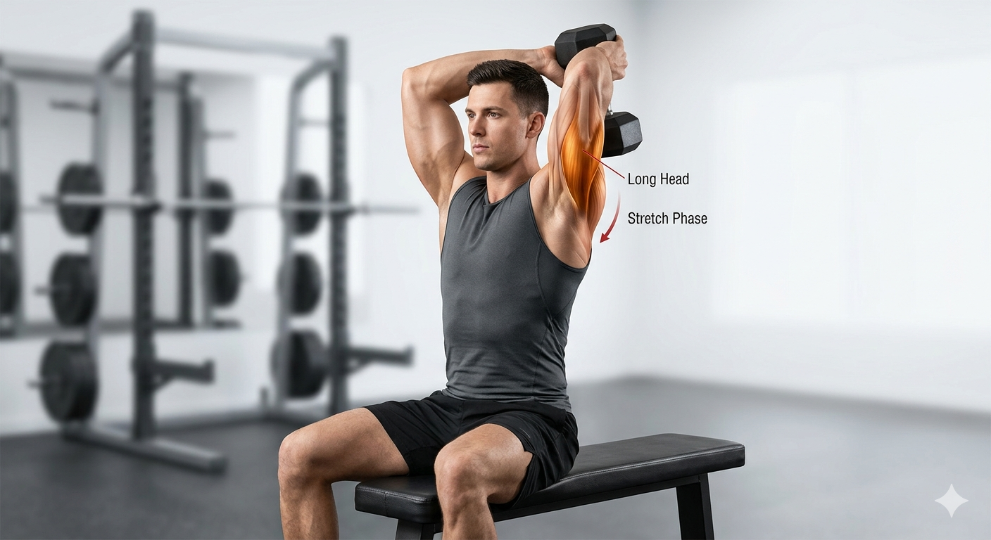 Representação anatômica do exercício tríceps francês com destaque para a cabeça longa do músculo.