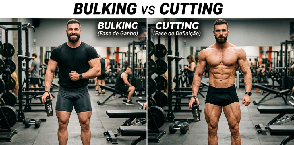 Comparativo visual de Bulking vs Cutting, transformação corporal masculina gerada por inteligência artificial."