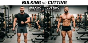 Comparativo visual de Bulking vs Cutting, transformação corporal masculina gerada por inteligência artificial."
