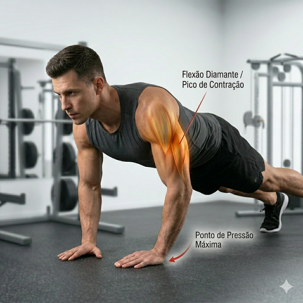 Atleta em posição de flexão diamante com as mãos próximas no solo, demonstrando a ativação máxima do tríceps e peitoral durante o exercício de peso corporal.