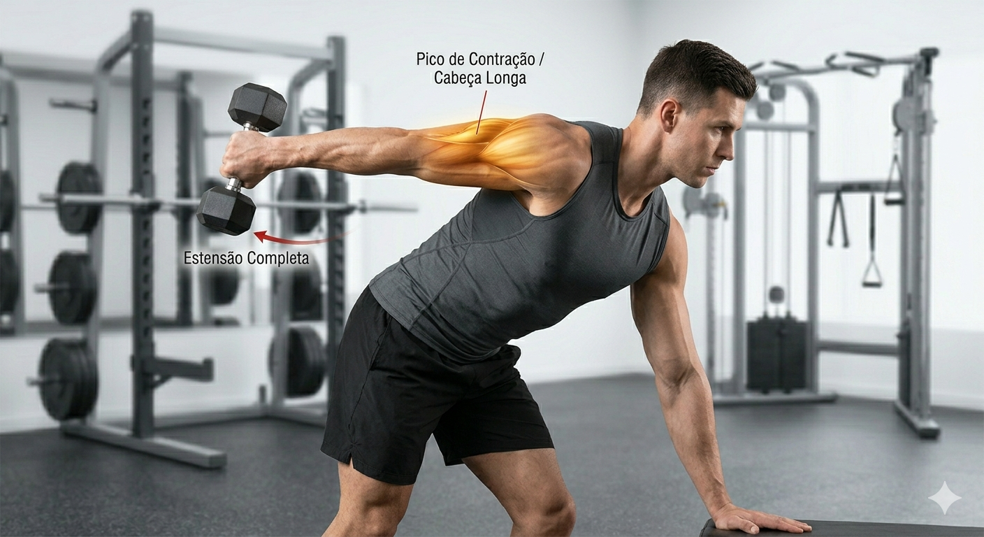 Ilustração anatômica do exercício tríceps coice com halter mostrando o pico de contração na cabeça longa.